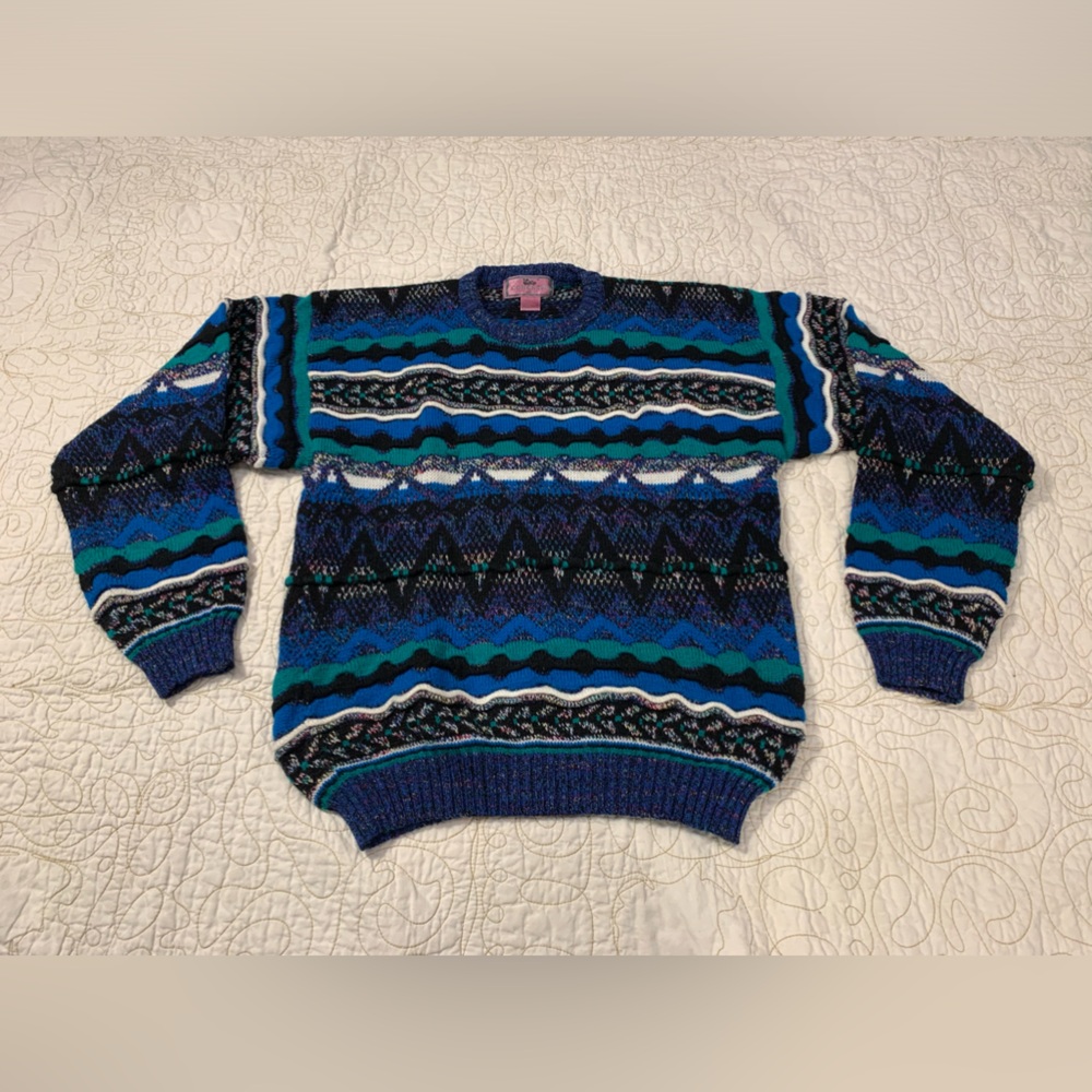 Vintage 90s Textured 3D Sweater Men's Size Medium M Crew Neck Blue‎ Green